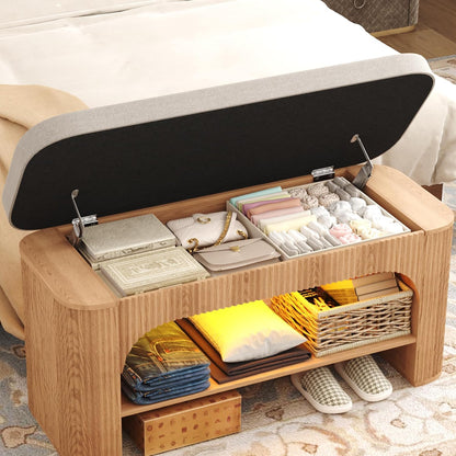 HOMEFORT 40.2" Fluted Storage Bench with Built-in LED Light, Flip-Top Shoe Bench with Cushioned Seat and Open Storage Shelf,Wood Accent Arched Bench for Entryway, Bedroom, Living Room, Natural Oak