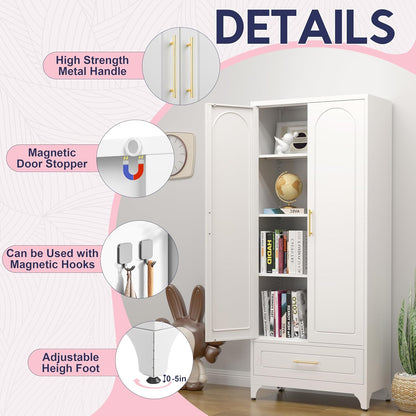 UNICOLY Pantry Kitchen Cabinet with Drawer, 75" Tall Pantry Storage Cabinet | , Metal Storage Cabinets with Doors and Shelves, Large Freestanding Cupboard for Dining Room, Assembly Required, White