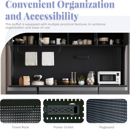 Freestanding Kitchen Pantry Cabinet with Hutch, Large Coffee Bar Storage Cabinet with Adjustable Shelves, Drawers, Pegboard, Towel Rack and Power Outlet (Black)