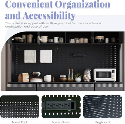 Large Pantry Cabinet with Hutch and Adjustable Shelves, Freestanding Coffee Bar Storage Cabinet with Drawers, Pegboard and Power Outlet for Kitchen, Dining Room (Black)