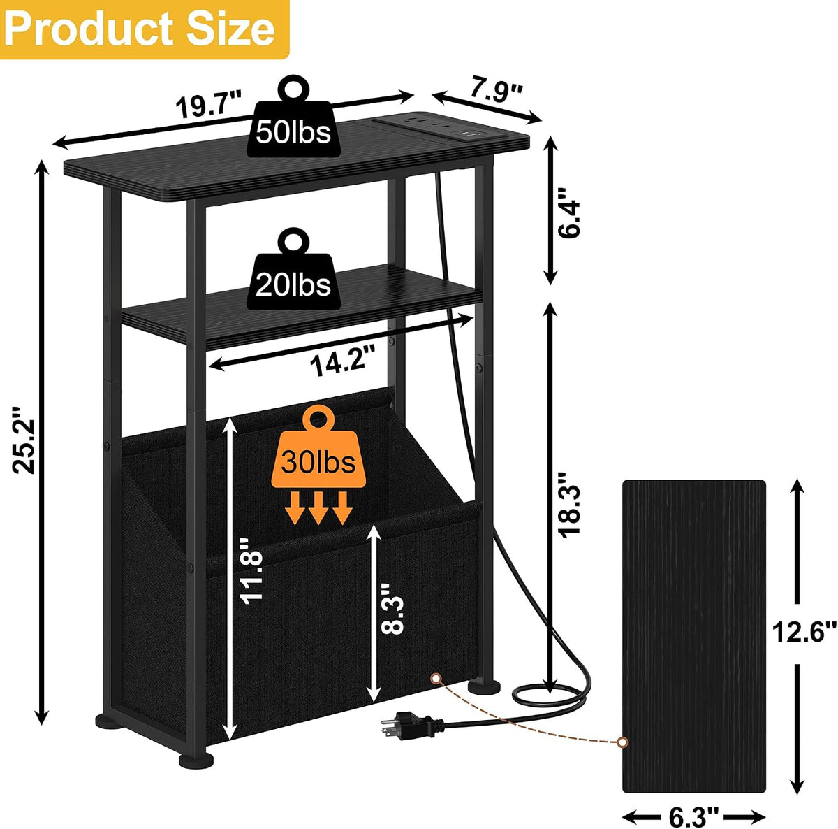 Yusong Narrow Side Table for Small Spaces, Skinny Charging End Table with Storage Basket, 3 Tier Slim Sofa Couch Bedside Table, Thin Nightstand for Bedroom, Living Room, Black