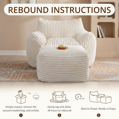 Giant Bean Bag Chair for Adults, Large Bean Bag with Ottoman | Cloud Comfy Bean Bag with Backrest & Armrests, Stuffed Beanbag Chair for Reading, Gaming, Napping, Beige