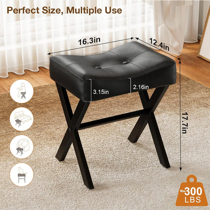 Memobarco 18-Inch Leather Vanity Stool Chair, Vanity Bench with Metal X-Leg, Ottoman Accent Stool with Thick Padded Saddle Seat, Black