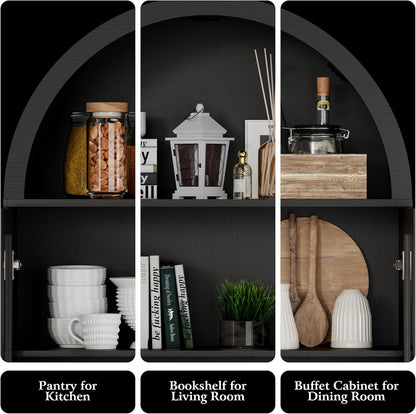 DHH 71" Tall Arched Kitchen Pantry, Modern Farmhouse Wood Kitchens Storage Cabinets with Sliding Doors＆ Adjustable Shelves, Versatile Cupboard for Kitchen, Living Dining Room, Bathroom (Black)