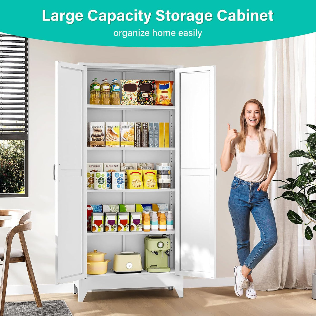 SISESOL 75" Tall Pantry Cabinet,Farmhouse Kitchen Pantry Storage Cabinets with 2 Doors and 5 Shelves,White Metal Storage Cabinet,Large Cupboard for Home,Kitchen,Dining/Living Room