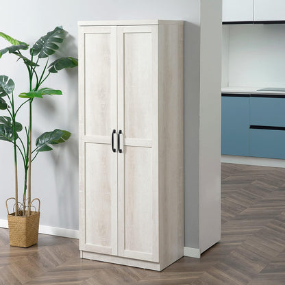 63" 2-Door Kitchen Pantry, Freestanding Storage Cabinet with 5-Tier Shelving and 2 Adjustable Shelves for Dining Room, Antique White