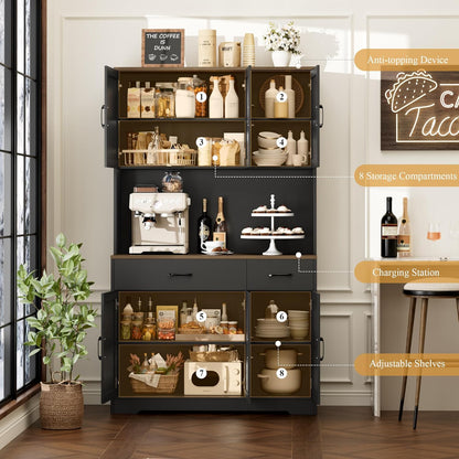 HOSTACK 71"H Kitchen Pantry Storage Cabinet, Farmhouse Hutch Cabinet, Black | Space-Saving Pantry Cabinet with Charging Station & 2 Large Drawers & Adjustable Shelves, Tall Kitchen Hutch, Dining Room