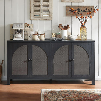 Okvnbjk Sideboard Buffet Cabinet with Storage, 60inch Kitchen Buffet Table with Soft Closing Door Hinges, Rattan Coffee Bar Cabinet for Living Room, Dining Room, Black