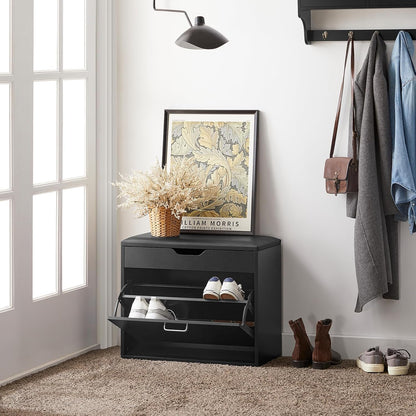 SoBuy Small Shoe Bench, Narrow Shoe Cabinet with Folding Padded Seat, Small Space Shoe Rack, Black 23.6" x 11.8" x 19.3"