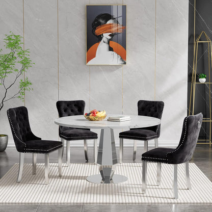 Henf Modern Round Dining Table for 4-6 White Silver 47" Faux Marble Kitchen Table with Diamond-Shape Mirrored Stainless Steel Legs, Contemporary Modern Circle Dining Room Table (Table Only)