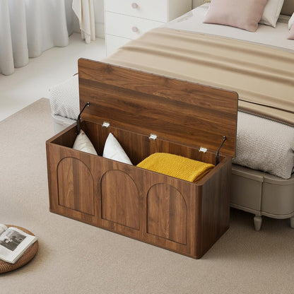 Storage Chest, 43'' Wood Storage Trunk with Flip-Top, Farmhouse Wooden Shoe Storage Bench for Hallway, Bedroom, Living Room, Walnut
