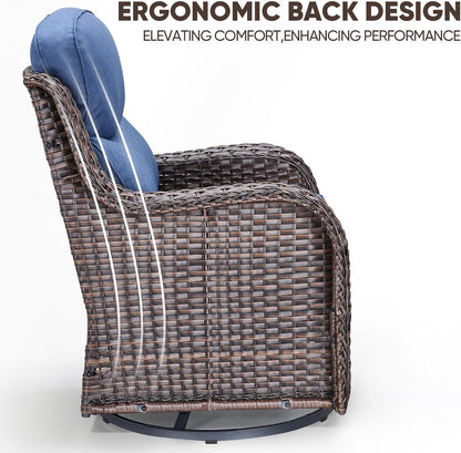 Swivel Patio Chairs sofa Set of 6 with 6" Thick Cushion - Wicker Outdoor Swivel Rocker Patio Chair ,Sofa/Glass coffee table, High Back Comfortable Outdoor Glider Chairs - Brown Wicker - Blue Cushions