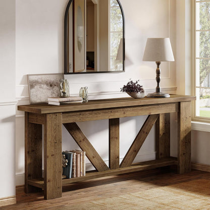 Solid Wood Sofa Table, 70.9 Inches Extra Long Console Table with 2 Tiers Storage Shelves, Rustic Entryway Table Behind Couch Table for Living Room, Hallway, Foyer, Brown