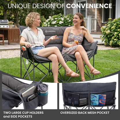 FUNDANGO Double Camping Chair, Oversized Padded Camping Loveseat for Adults, Heavy Duty Folding Camping Couch for 2 Person, Portable Outdoor Sofa with Cup Holders for Lawn, Sports, RV, Grey