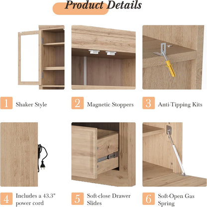Merax 78" Pantry Cabinet with Charging Station, Farmhouse Kitchen Pantry Cabinet with Microwave Stand, Versatile Storage Cabinet for Kitchen, Dining Room, Natrual