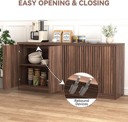 63" Fluted Buffet Cabinet Sideboard with Storage,Large Credenza with 4 Doors with Adjustable Shelves,Wood Mid Century Modern Sideboard for Kitchen, Living Room,Entryway(Walnut)
