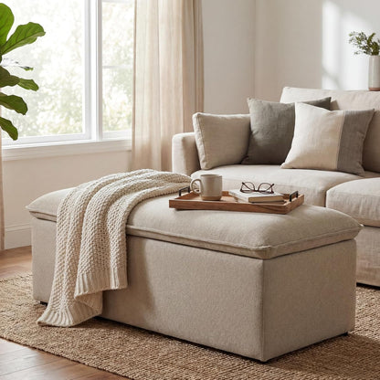 Ya-Home Modern Storage Bench, Upholstered Storage Ottoman Chenille Fabric with Seating Entryway Bench for Bedroom Living Room, Oatmeal