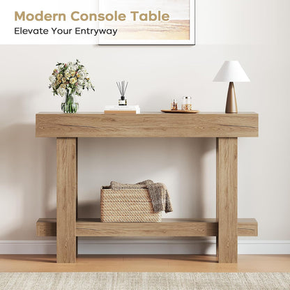 Console Table for Entryway, 47.2" Narrow Farmhouse Sofa Table with Thick Tabletop & Storage Shelf, 2-Tier Modern Wooden Entryway Industrial Table for Hallway, Living Room, Foyer, Behind Couch, Natural