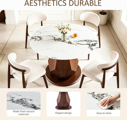 YYQ 45" Round Dining Table Set, Faux Marble Dining Table with 4 Dining Chairs Set, Tempered Glass Tabletop with Antique Brass Metal Base (45" Table with 4 Chairs)