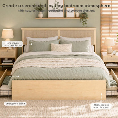 Yechen Queen Bed Frame with Natural Rattan Headboard and Wooden 4 Storage Drawers, Metal Platform with Strong Wooden Slats Support, Boho Cane Bed Mattress Foundation, No Box Spring Needed