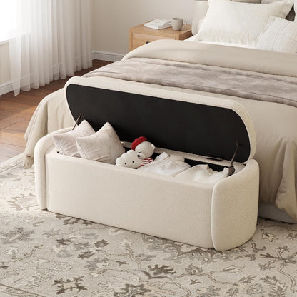 VKNOW 51" Storage Ottoman Bench, Upholstered End of Bed Bench with Smooth Hinges, Oval Large Ottoman Bench for Bedroom, Living Room and Hallway Entryway, Beige