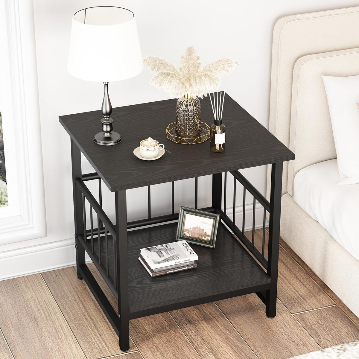 EazeHome 18" Square End Table, Modern Nightstand Side Table, Nightstand with Open Storage Shelf for Living Room, Heavy Duty Stand of Mini Beverage for Dorm, Kitchen Room, Black
