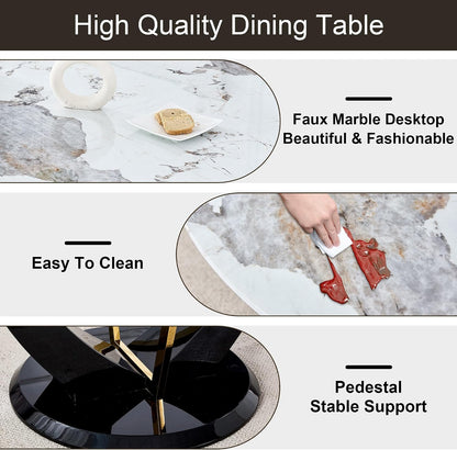 48 Inch Round Dining Table for 4-6, Modern Circle Dining Table with Black & Gold Metal Pedestal Base, Faux Marble Round Kitchen Table, 300 LBS Capacity