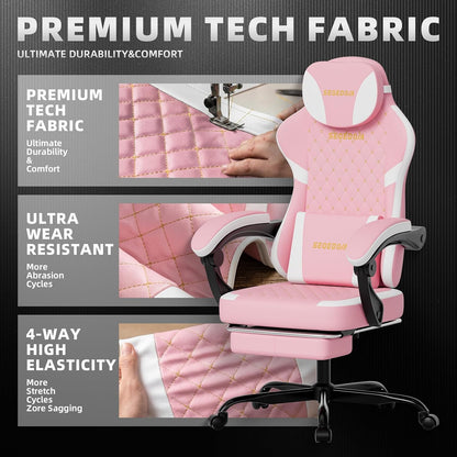 Ergonomic Gaming Chair with Footrest & Massage Lumbar Pillow, Height Adjustable 360° Swivel Computer Chair, Linked Armrest & Headrest for Office Gaming (Pink White)