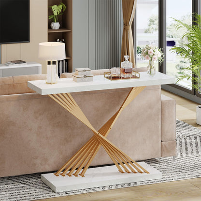 UNIQUITE 39.4 Inch Gold Console Table, White Faux Marble Modern Entryway Table Sofa Tables Behind The Couch for Entrance Hallway Living Room, X-Shape