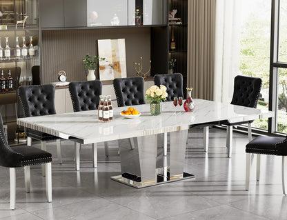 94 inch Extendable Dining Table for 6 8 10, Modern Expandable Kitchen Table with White Faux Marble Top & Silver Mirrored Base, Large Luxury Faux Marble Dining Room Table for Dinner Family Gathering