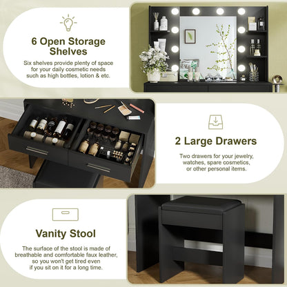 YESHOMY Vanity Desk with Mirror, Makeup Table, Pure Black | 2 Large Drawers, Power Outlet and Round Holder, 3 Color Modes Adjustable Bulb, Bench Included