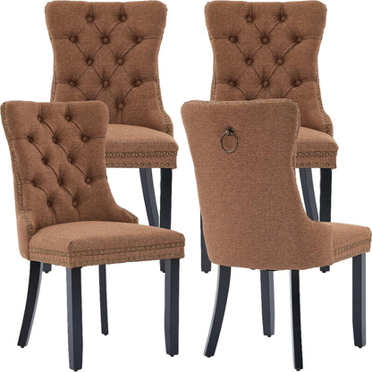 Espresso Brown Mid Century Modern Dining Chairs Set of 4, Linen Upholstered Kitchen & Dining Room Chairs with Nailhead Trim & Solid Wood Legs, Elegant Sillas De Comedor (Coffee, 4 Pcs)