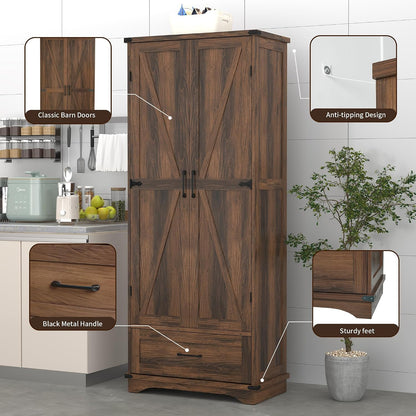 71" Farmhouse Kitchen Pantry Storage Cabinet with Drawer & 2 Barn Doors, Freestanding Cupboard with Adjustable Shelves, Modern Floor Cabinet for Kitchen, Dining Room, Living Room, Bathroom, Brown