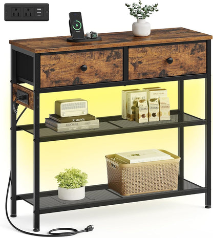 SONGMICS Console Table with Charging Station, Narrow Sofa Table with LED Lighting, for Entryway, Living Room, 11.8 x 30.2 x 31 Inches, 2 Fabric Drawers, Rustic Brown, BELLAH Collection ULGS175K101
