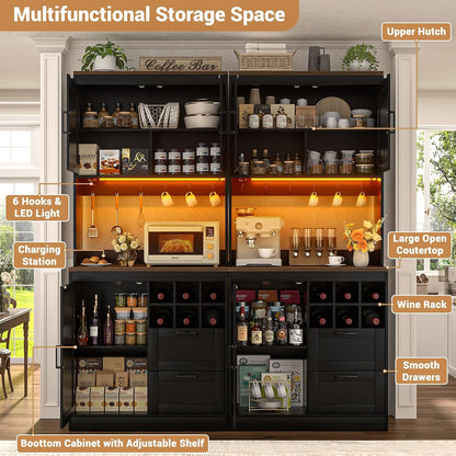 Unikito 72" Tall Pantry Cabinet, Kitchen Pantry Storage Cabinet with LED Light & Outlet, 63" Wide Kitchen Hutch Bar with Microwave Stand, Drawers, Wine Rack & Shelves for Dining Room, Black and Rustic