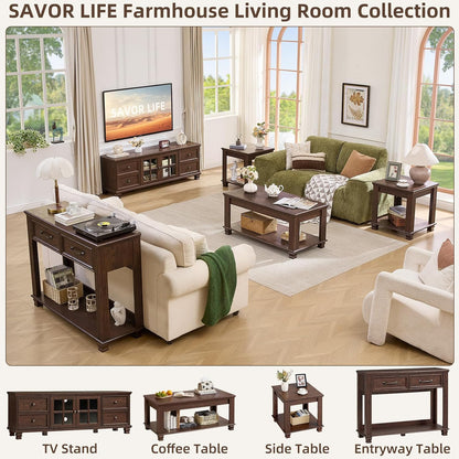 SAVOR LIFE Farmhouse TV Stands for Living Room, Walnut | Heavy-Duty Rustic Entertainment Center with 4 Drawers & Thickened Top & Square Wooden Legs for 65 Inch TV