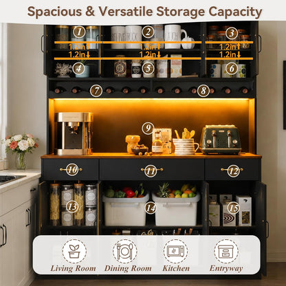 72" Tall Kitchen Pantry Cabinet with Charging Station 55" Wide Kitchen Hutch Cabinet with LED Light and Countertop Large Kitchen Cabinet with Adjustable Shelves and Wine Rack Black