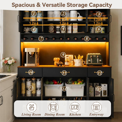 Black 72" Tall Kitchen Pantry Cabinet with Charging Station 55" Wide Hutch Cabinet with LED Light and Countertop Large Kitchen Cabinet with Adjustable Shelves and Wine Rack