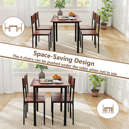 GOFLAME 5-Piece Dining Table Set, Industrial Kitchen Table and Chairs for 4 with Backrest and Metal Frame, Rectangular Space-Saving Dinette Set for Dining Room, Apartment, Small Space, Walnut