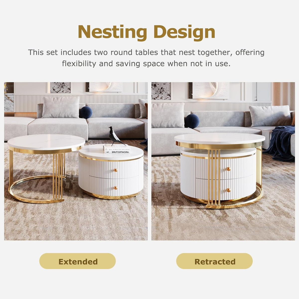 Modern 2 Pieces White Round Nesting Coffee Table with Drawers in 27.6''