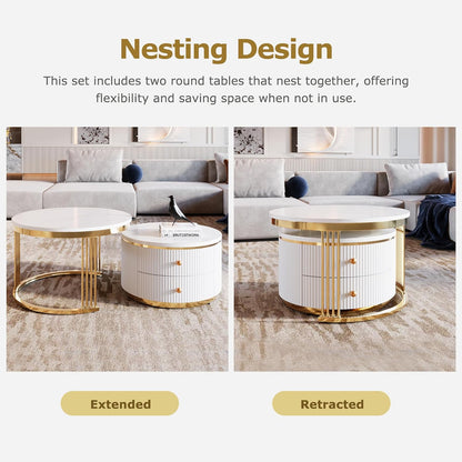 Modern 2 Pieces White Round Nesting Coffee Table with Drawers in 27.6''