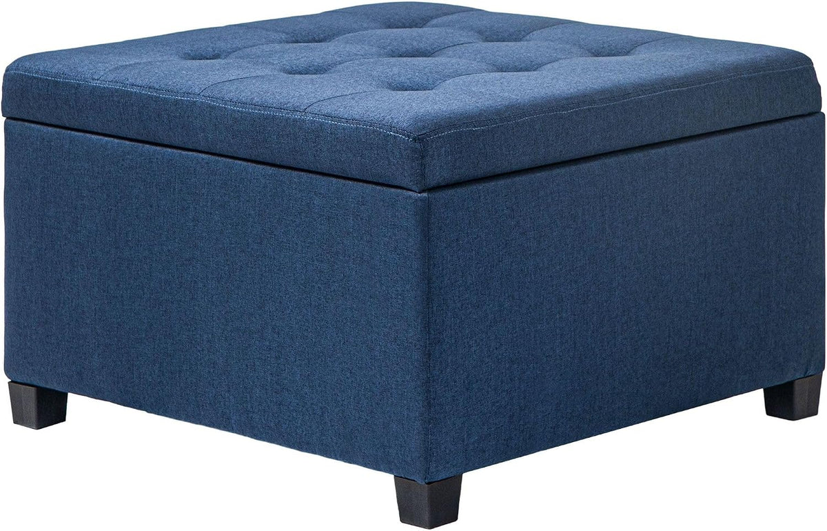 Round Storage Button Tufted Flip Top Ottoman in Luxurious Blue Velvet with Premium Upholstery and Comfortable Elegant Design