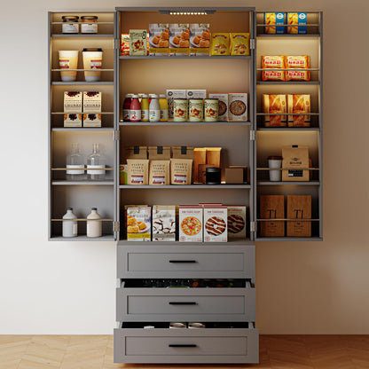 FJTJBSI 72" LED Kitchen Pantry Cabinet with 3 Drawers Farmhouse Tall Storage Cabinet Wood Food Pantry with Barn Doors and Adjustable Shelves Versatile Storage Freestanding Cupboard for Kitchen
