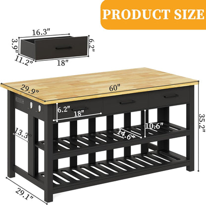 DynJest 60" Solid Rubberwood Kitchen Island with Power Outlets - Extra Large Work Surface, 3 Drawers & 2 Open Shelves Storage Cabinet for Kitchen Dining Room, Farmhouse Style (Black)