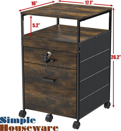 SHW Box File Rolling Mobile Cabinet with Lockable Drawer, Rustic Brown