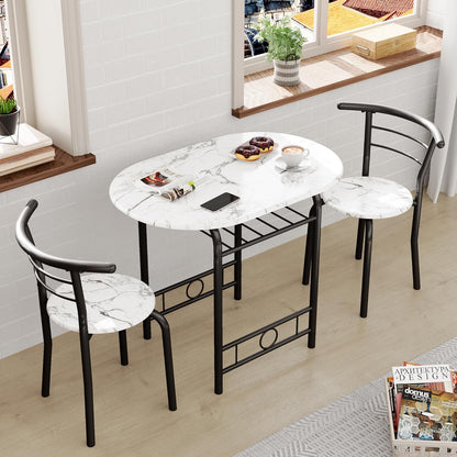 JUMMICO 3-Piece Wooden Round Table & Chair Set (White/Black) | Kitchen Breakfast Nook Wood Grain Tabletop with Metal Frame and Built-in Wine Rack for Kitchen, Dining Room