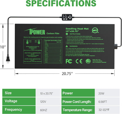iPower 10" x 20.75" Waterproof Durable Seedling Heat Mat with Digital Thermostat Control Warm Hydroponic Plant for Indoor Gardening Germination Starting