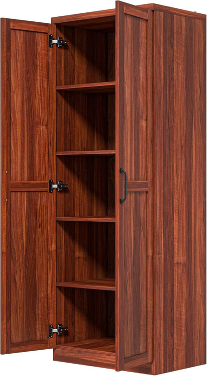 63" 2-Door Kitchen Pantry, Freestanding Storage Cabinet with 5-Tier Shelving and 2 Adjustable Shelves for Dining Room, Cherry Wood Color