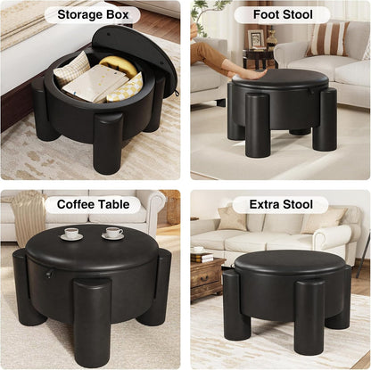 FiveWillowise Round Ottoman Coffee Table with Storage,24" Faux Leather Storage Ottomans with Removable Top,Upholstered Vanity Stool Footrest for Small Spaces,Living Room,Apartment,Black