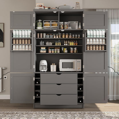 Polibi 80.1" Tall Freestanding Kitchen Pantry Cabinet, Large 41.3" Wide Shaker Style Storage Cupboard with 2 Power Outlets, Adjustable Shelves, 3 Drawers, Wine Rack & Countertop, Grey